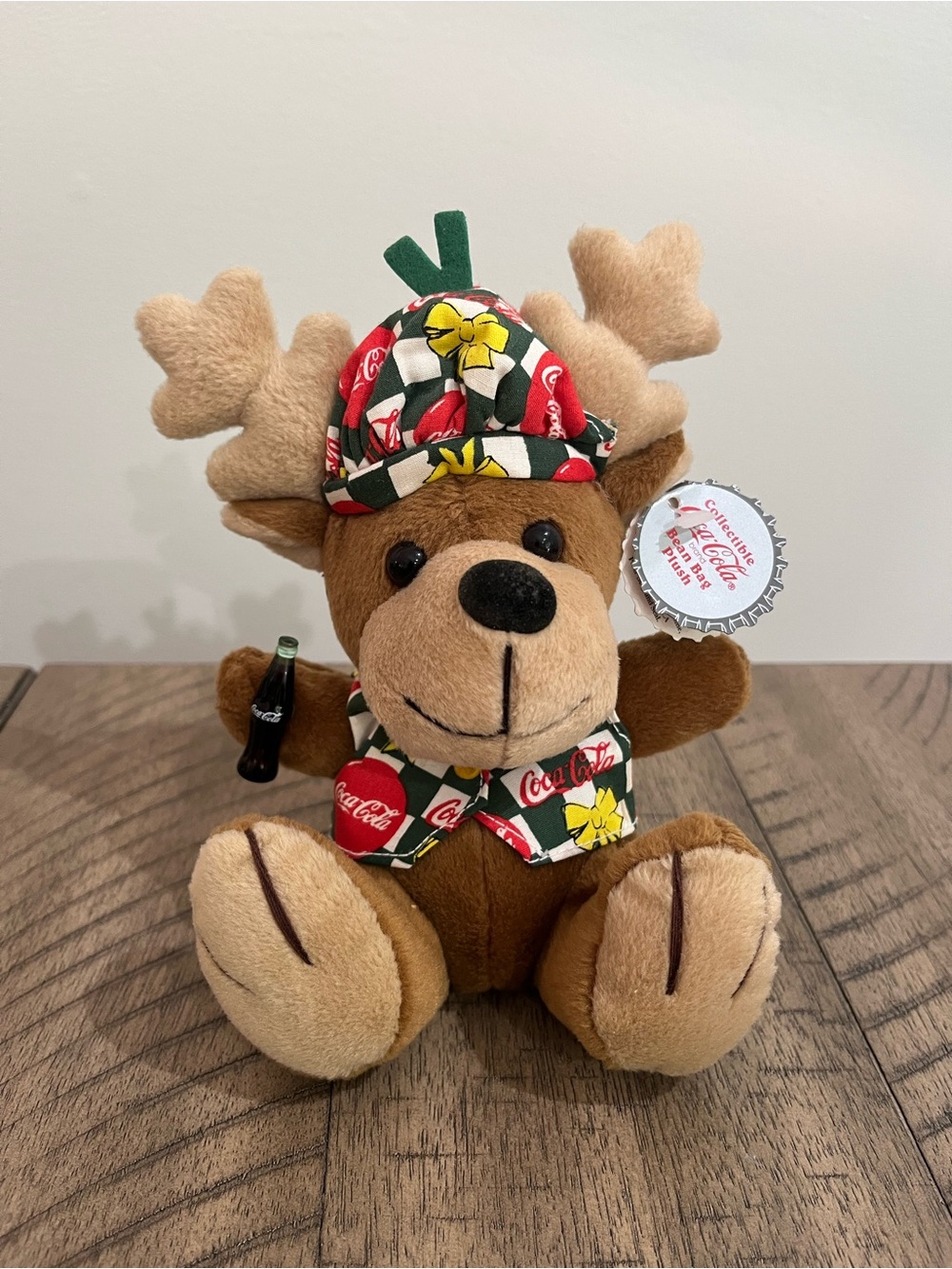 Vintage 1998 Coca-Cola Collectible Bean Bag Plush Reindeer Holding Coke Bottle